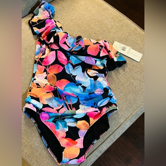 NWT PROFILE BY GOTTEX COLOR RUSH RUFFLE ONE SHOULDER ONE PIECE SWIMSUIT SZ 12 - Picture 2 of 7